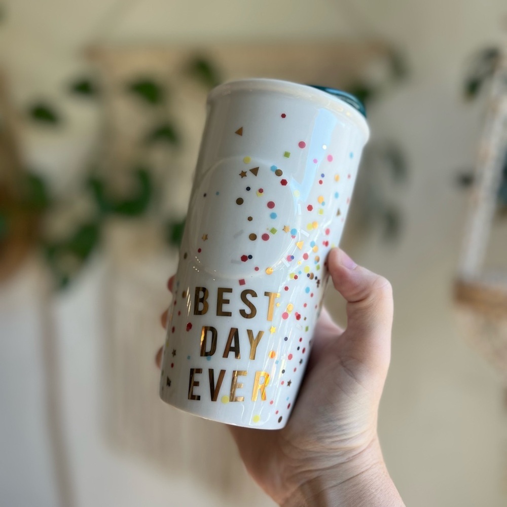 Starbucks Best Day Ever Coffee Mug Tumbler With Lid Confetti Design, Collectible